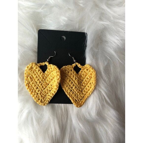 Brand New Handmade Crochet‎ Earring Yellow Heart Pattern 100% Cotton For Women - Picture 1 of 2